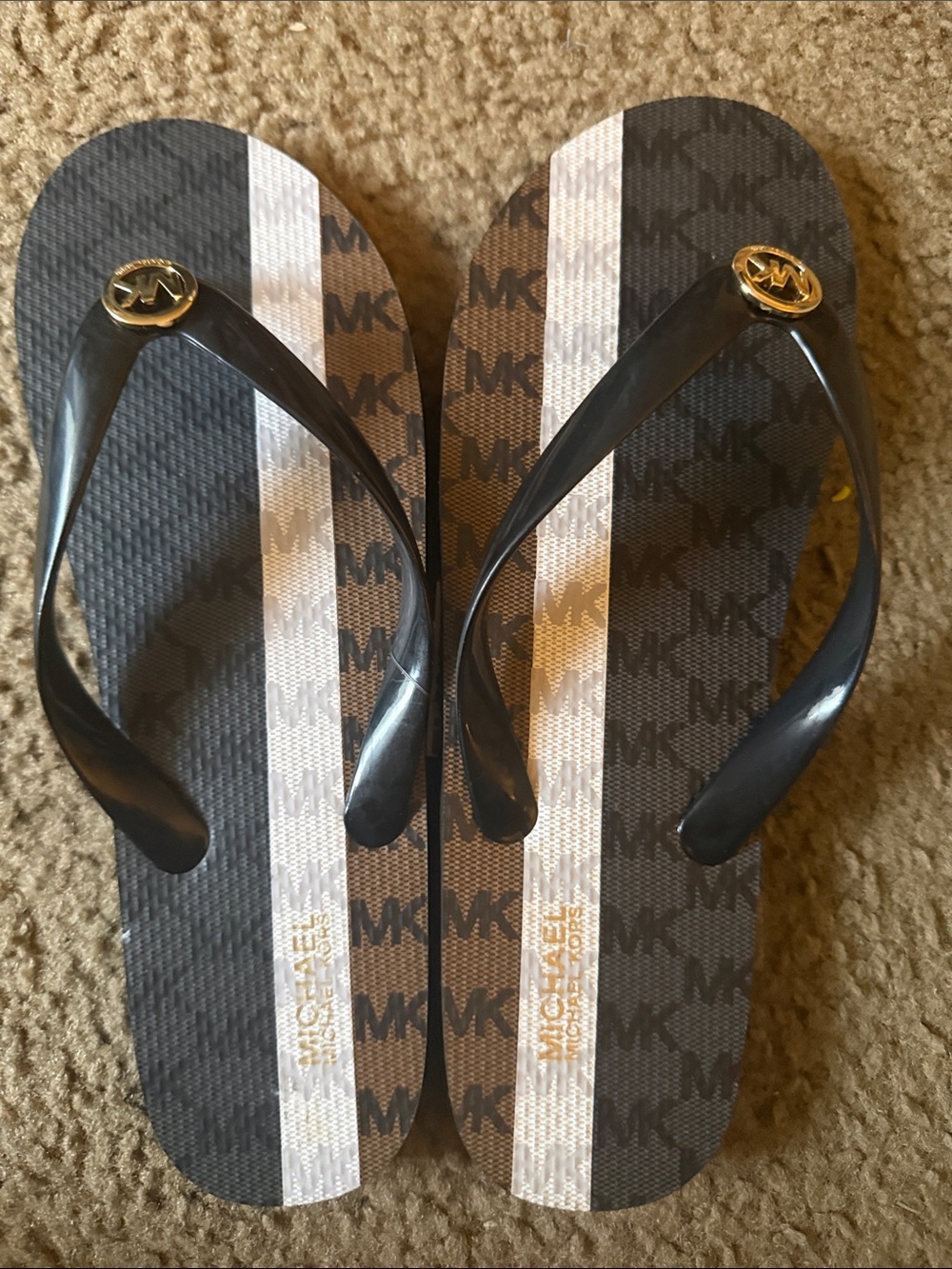 Women’s Michael Kors Black and Brown MK Logo Flip Flop Sandals with Gold Emblem